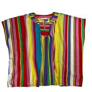 Ces Femme Multicolor Rainbow Stripe Dolman Short  Notch Neck Blouse L Women